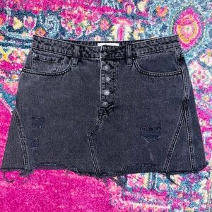 Free People Black Distressed Button Fly Denim Mini Skirt